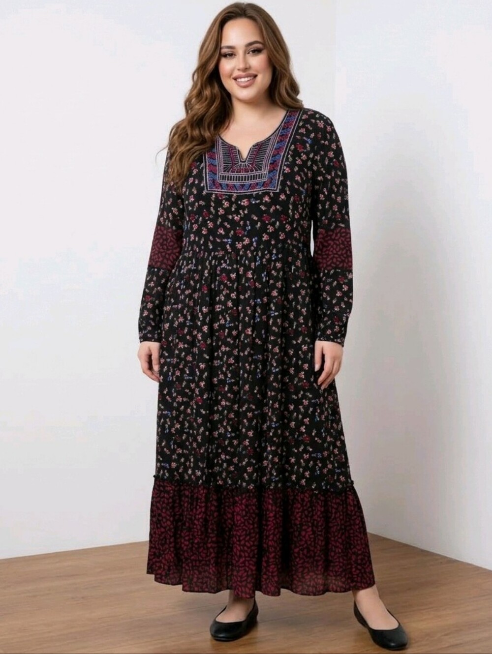 The Pyramid Collection Black Floral Maxi Dress with Embroidered Yoke